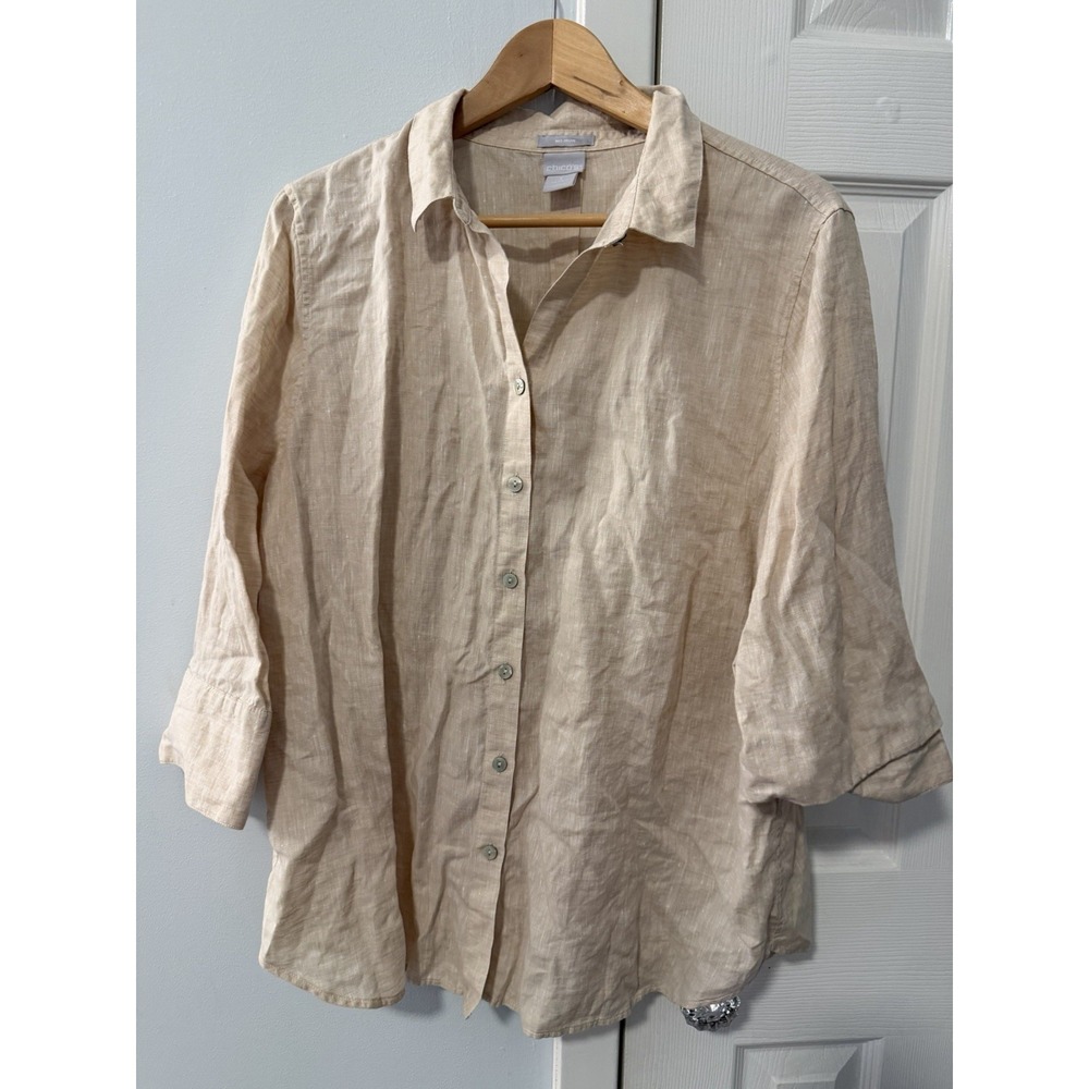Chico's 100% Linen No Iron Button Up Shirt Sz 3 Travel Light Neutral Capsule